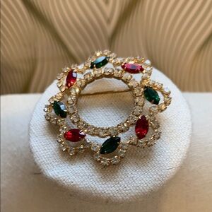 Vintage Gold Brooch with Red and Green Accents
